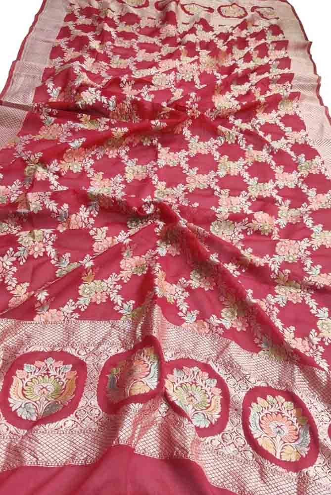 Red Handloom Banarasi Brush Dye Pure Georgette Dupatta - Luxurion World