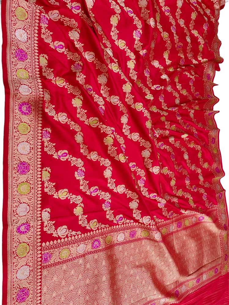 Red Handloom Banarasi Pure Katan Silk Jangala Work Saree - Luxurion World