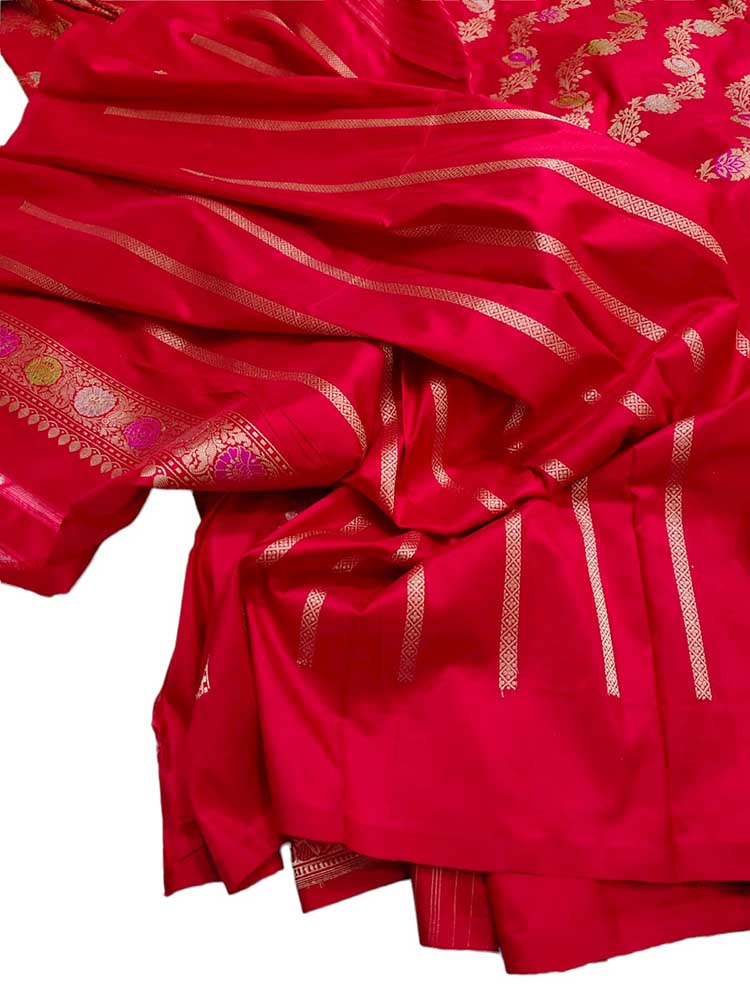 Red Handloom Banarasi Pure Katan Silk Jangala Work Saree - Luxurion World