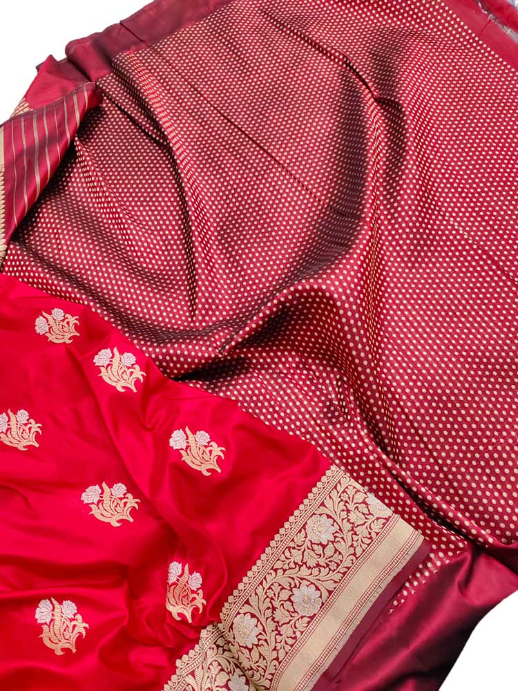 Red Handloom Banarasi Pure Katan Silk Tanchui Work Sona Roopa Saree - Luxurion World