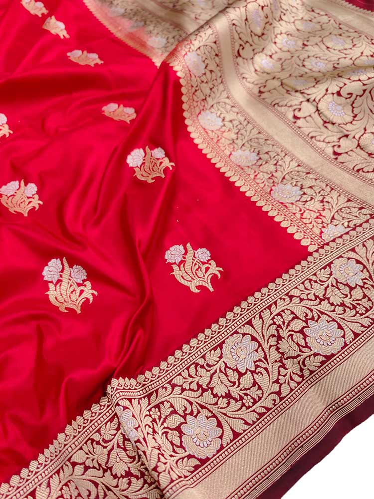 Red Handloom Banarasi Pure Katan Silk Tanchui Work Sona Roopa Saree - Luxurion World