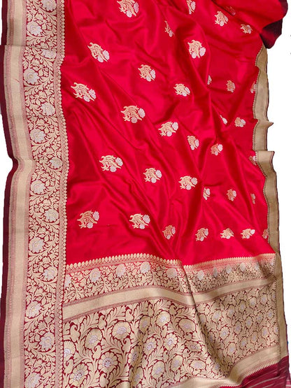Red Handloom Banarasi Pure Katan Silk Tanchui Work Sona Roopa Saree - Luxurion World