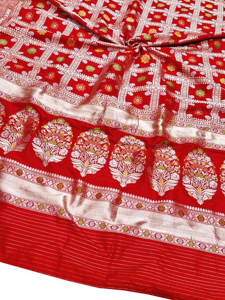 Red Handloom Banarasi Pure Katan Silk Three Piece Unstitched Suit Set - Luxurion World