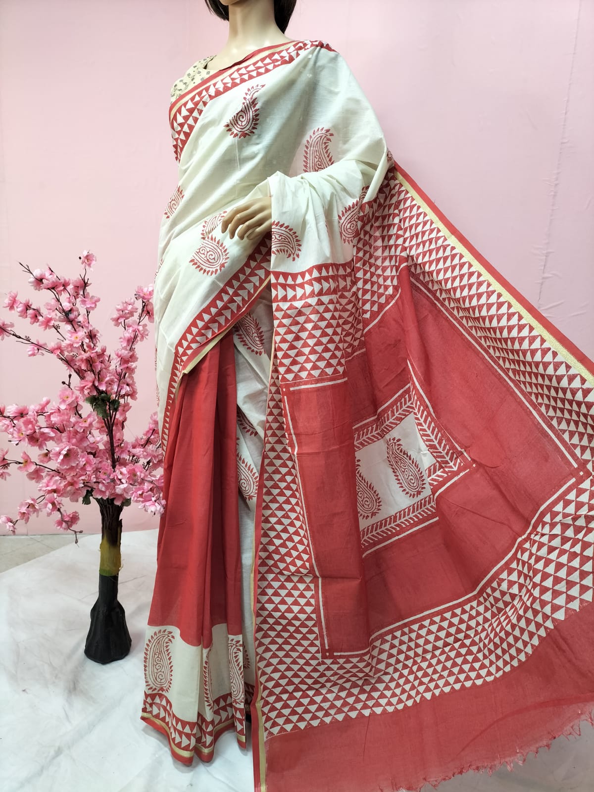 Red Handloom Block Printed Cotton Saree with Hand Painted Pure Silk Stitched Pichwai Blouse - Luxurion World