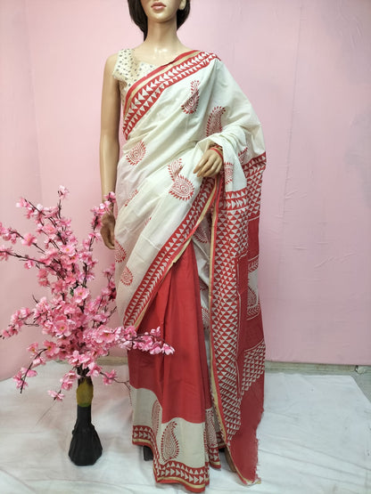 Red Handloom Block Printed Cotton Saree with Hand Painted Pure Silk Stitched Pichwai Blouse - Luxurion World