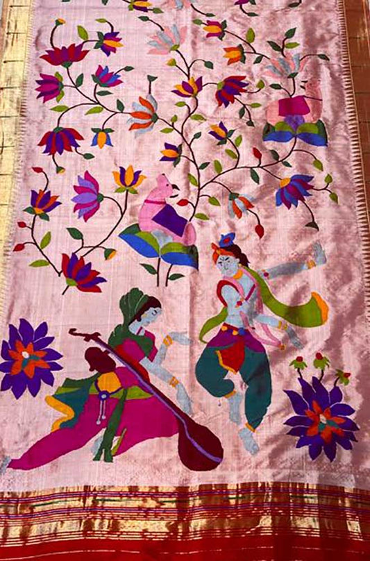 Pink Handloom Brocade Paithani Pure Silk Muniya Border Figure Work Dupatta - Luxurion World