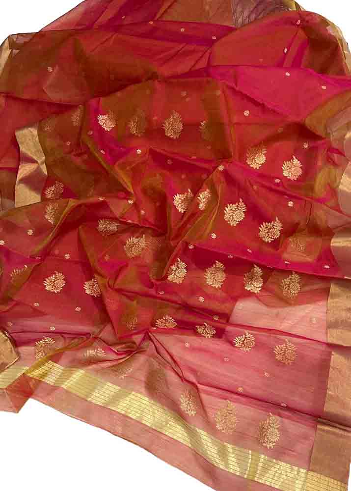 Red Handloom Chanderi Pure Katan Organza Silk Saree - Luxurion World
