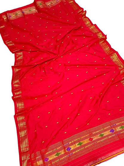 Red Handloom Paithani Pure Silk Dupatta - Luxurion World