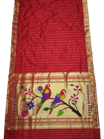Red Handloom Paithani Pure Silk Muniya Border Parrot And Floral Design Saree - Luxurion World