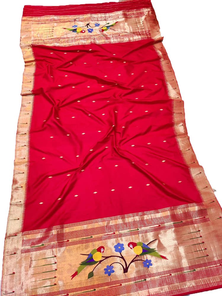 Red Handloom Paithani Pure Silk Single Muniya Dupatta - Luxurion World