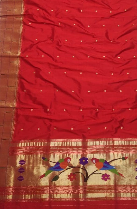 Red Handloom Paithani Pure Silk Triple Muniya Border Dupatta - Luxurion World