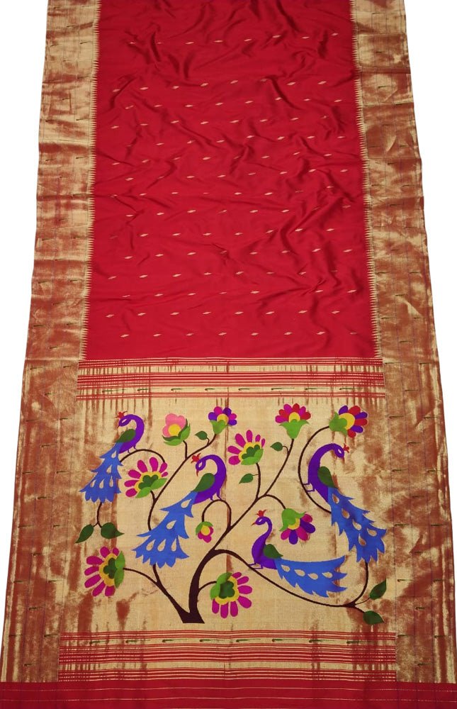 Red Handloom Paithani Pure Silk Triple Muniya Border Peacock Design Saree - Luxurion World