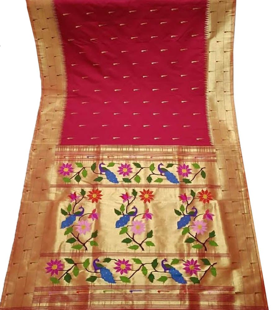 Red Handloom Paithani Pure Silk Triple Muniya Border Saree - Luxurion World