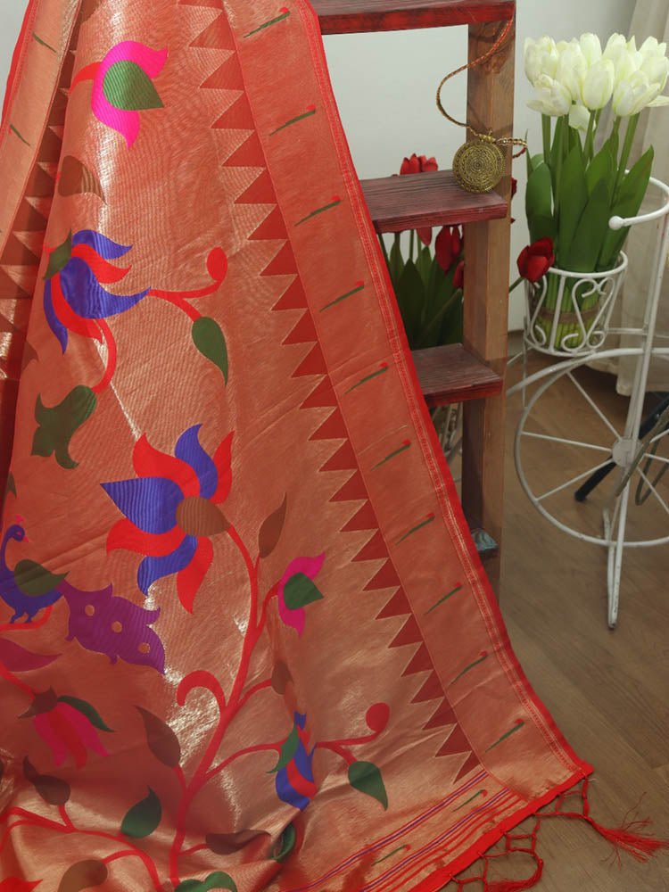 Red Paithani Brocade Silk Floral Design Muniya Border Dupatta - Luxurion World