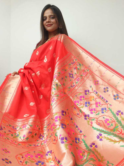 Red Paithani Brocade Silk Flower Design Saree - Luxurion World