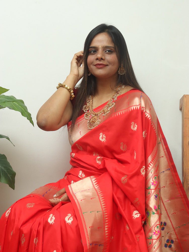 Red Paithani Brocade Silk Flower Design Saree - Luxurion World