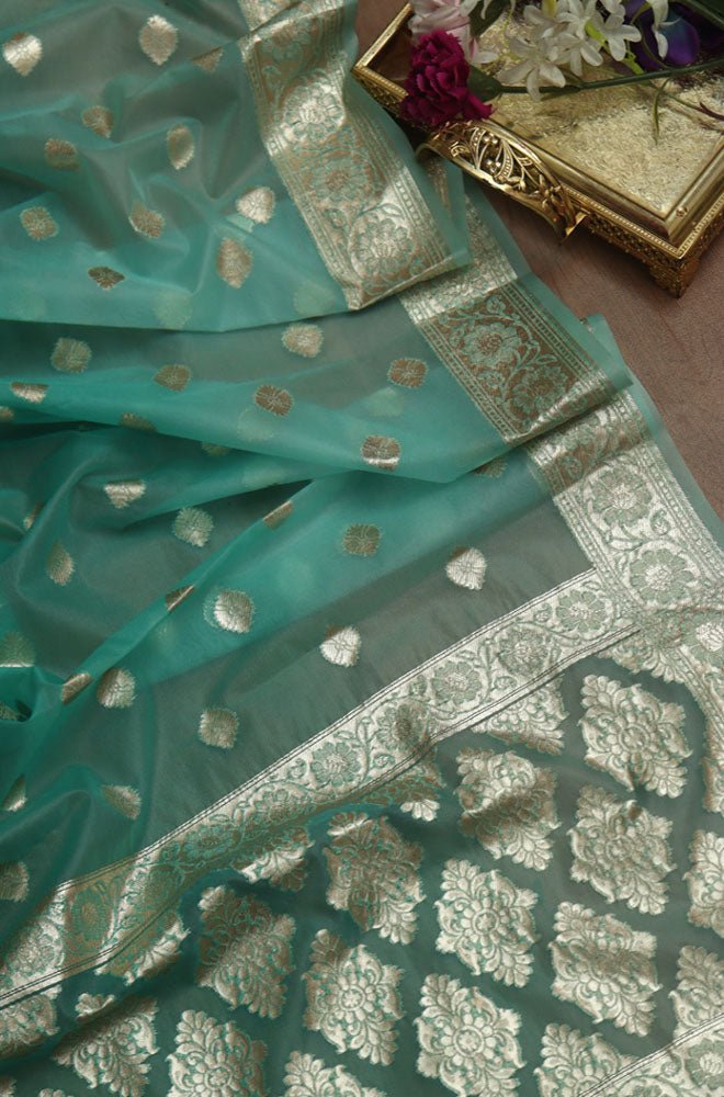 Stunning Sea Green Banarasi Organza Dupatta - Perfect for Any Occasion! - Luxurion World