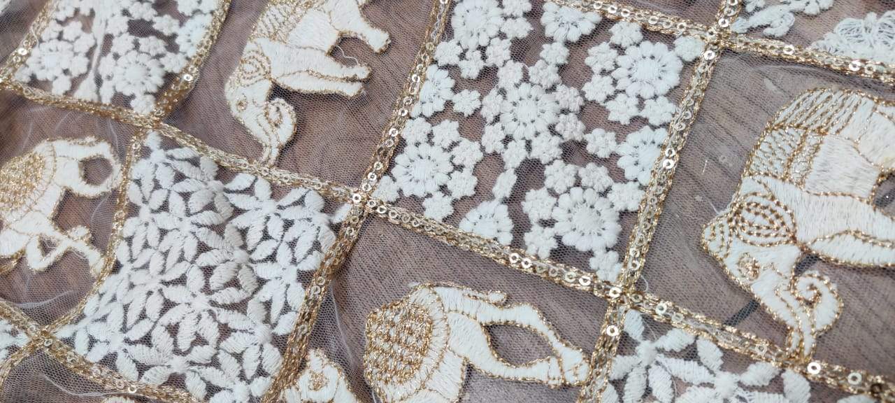 Dyeable Sequence Work Trendy Net Embroidered Fabric (1 mtr) - Luxurion World