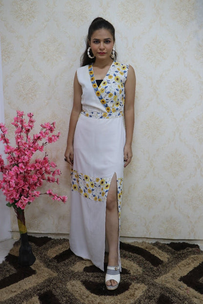 White Crepe Front Slit Dress With Hand Embroidered Work On Neck - Luxurion World