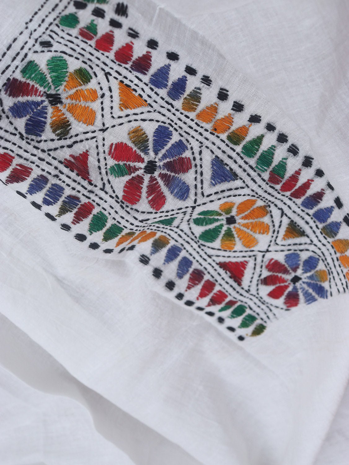 White Embroidered Kantha Cotton Blouse Piece Fabric ( 1 Mtr ) - Luxurion World