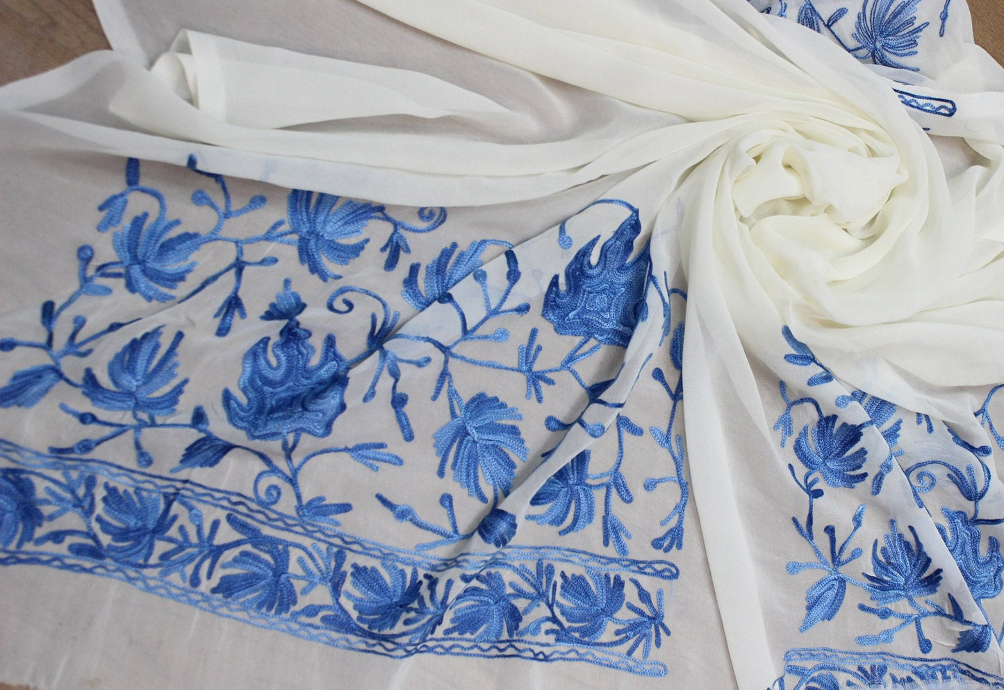 White Embroidered Kashmiri Aari Work Georgette Saree - Luxurion World