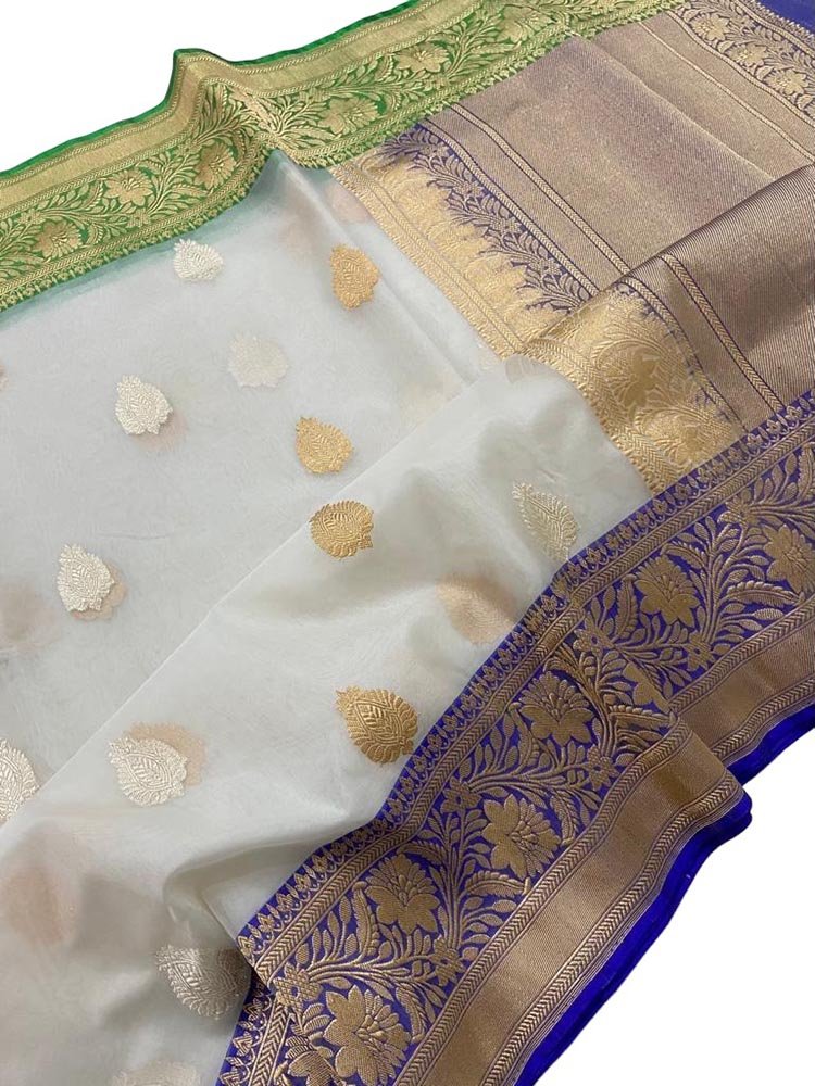 White Handloom Banarasi Pure Kora Silk Ganga Jamuna Border Saree - Luxurion World