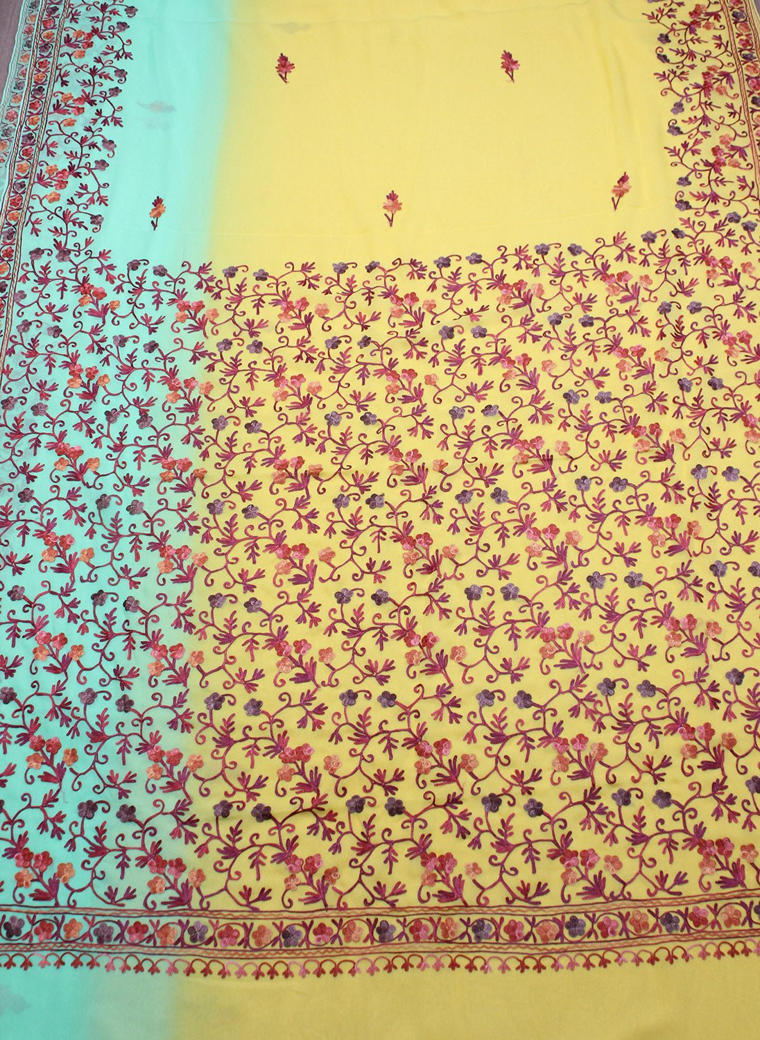 Yellow And Blue Embroidered Kashmiri Aari Work Georgette Saree - Luxurion World