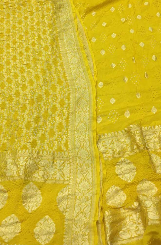Yellow Banarasi Bandhani Pure Georgette Three Piece Unstitched Suit Set - Luxurion World