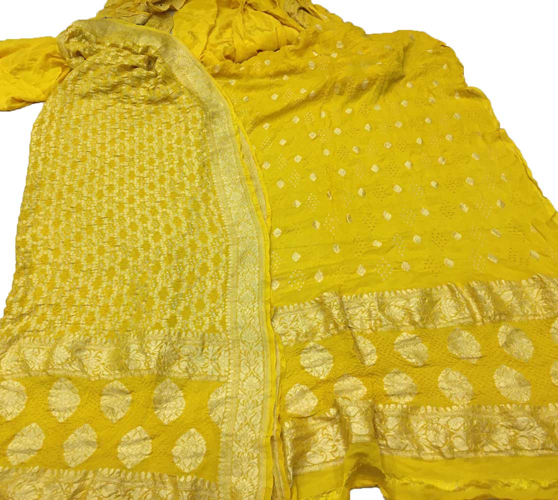 Yellow Banarasi Bandhani Pure Georgette Three Piece Unstitched Suit Set - Luxurion World