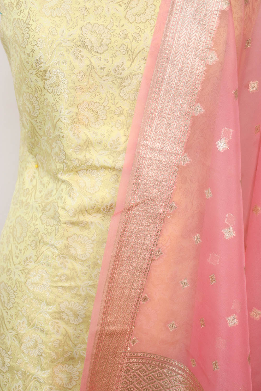 Yellow Banarasi Brocade Silk Suit With Pink Banarasi Organza Dupatta - Luxurion World