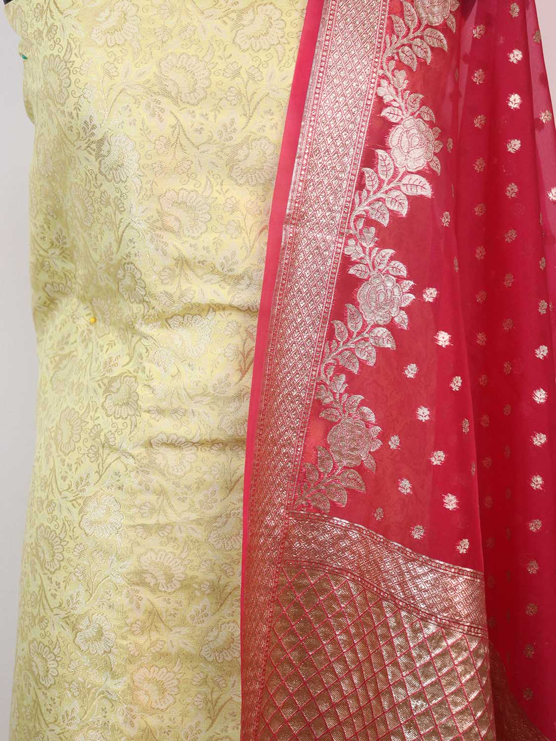 Yellow Banarasi Brocade Silk Suit With Pink Banarasi Organza Dupatta - Luxurion World