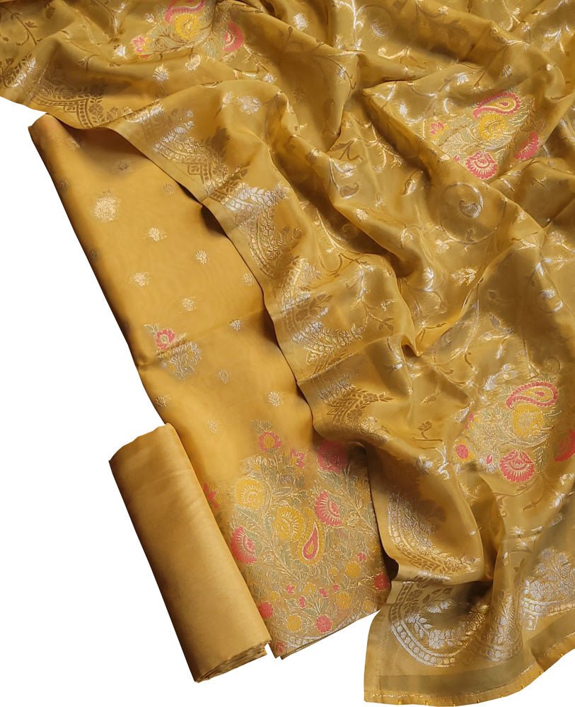 Yellow Banarasi Organza Silk Three Piece Unstitched Suit Set - Luxurion World