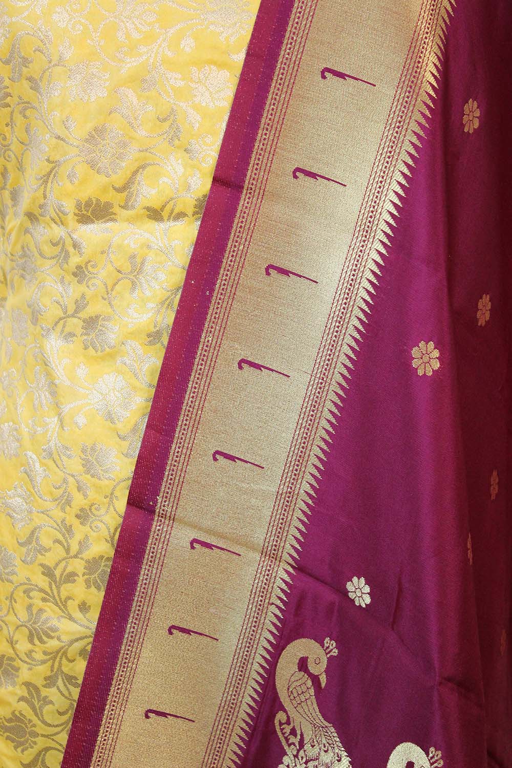 Yellow Banarasi Silk Suit With Maroon Paithani Silk Dupatta - Luxurion World