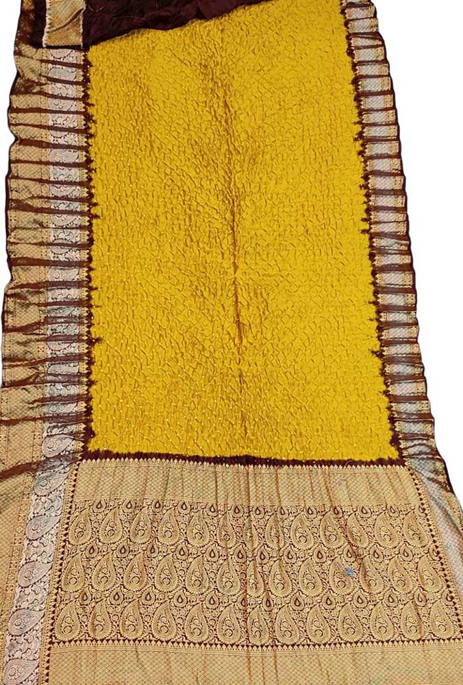 Yellow Bandhani Pure Silk Kanjeevaram Border Saree - Luxurion World