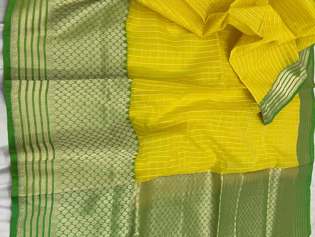 Yellow Checks Handloom Banarasi Pure Kora Silk Saree - Luxurion World