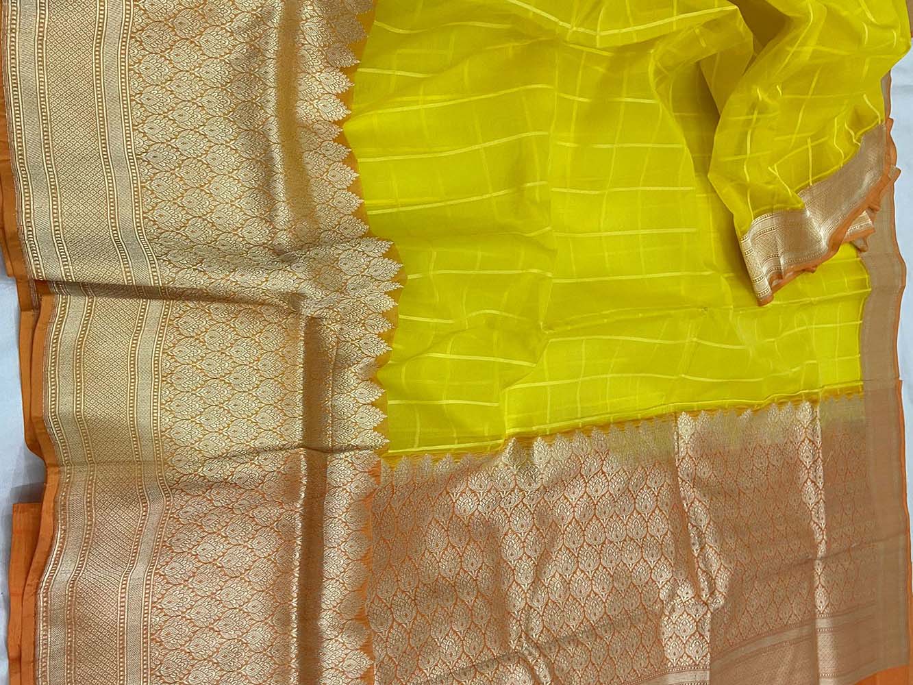 Yellow Checks Handloom Banarasi Pure Kora Silk Saree - Luxurion World