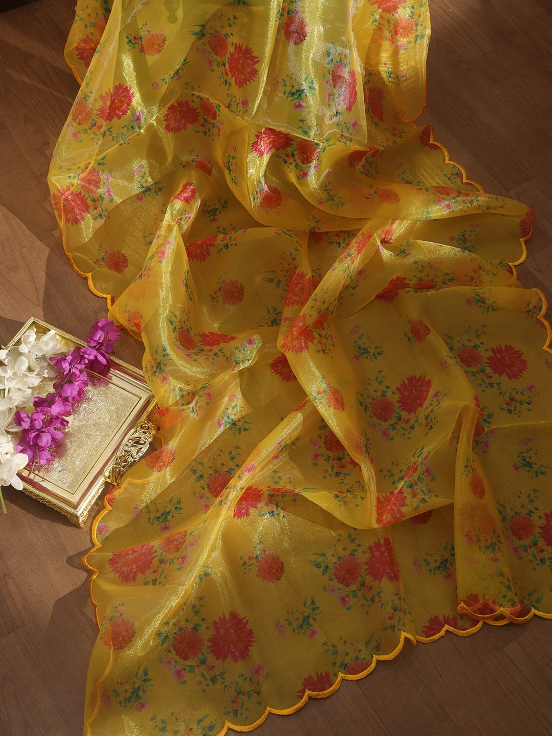Yellow Digital Printed Tissue Organza Silk Dupatta With Scalloped Border - Luxurion World