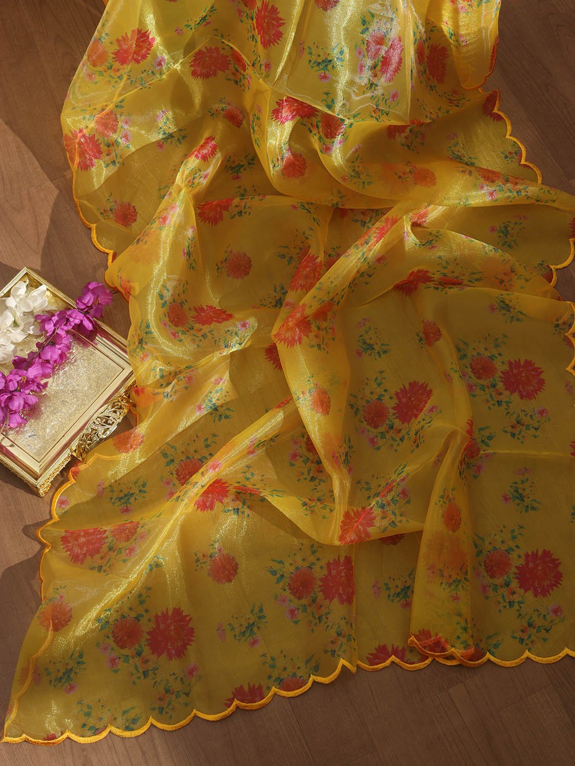 Yellow Digital Printed Tissue Organza Silk Dupatta With Scalloped Border - Luxurion World