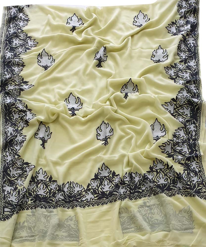 Yellow Embroidered Kashmiri Aari Work Georgette Saree - Luxurion World