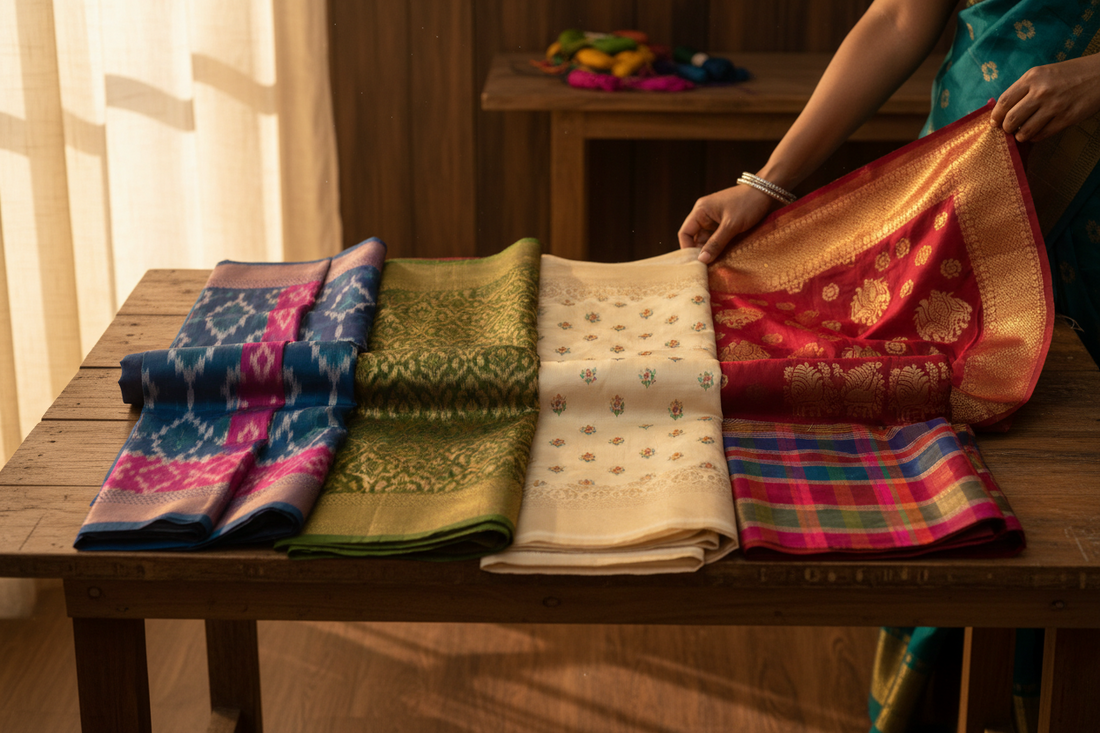 Five authentic Indian handloom sarees showcasing unique weaves, zari craftsmanship, and artisan heritage