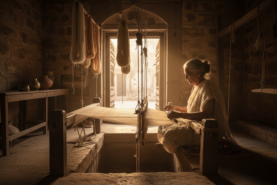 Master Chanderi weaver at traditional pit loom crafting sheer silk saree at dawn