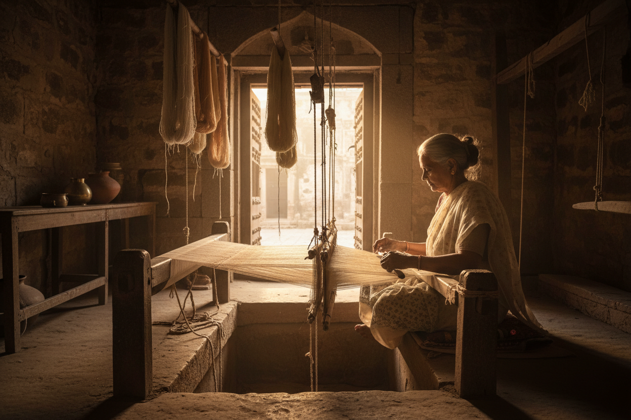 Master Chanderi weaver at traditional pit loom crafting sheer silk saree at dawn