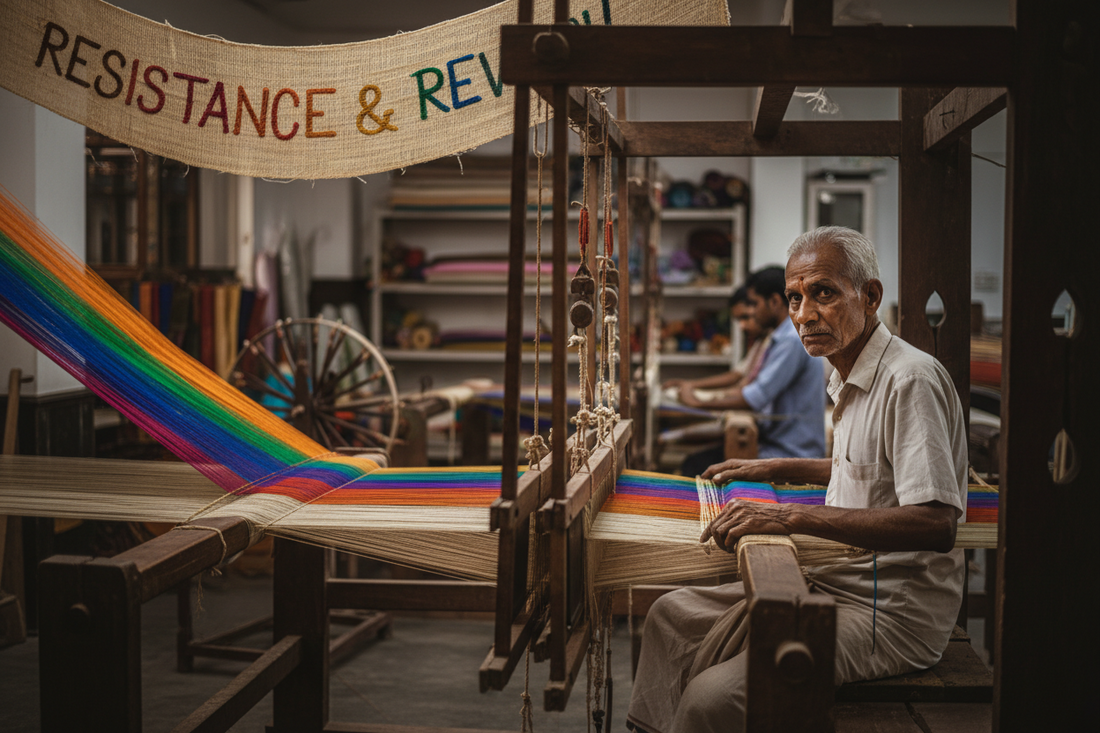 Indian handloom weaver at loom with Gandhi's charkha, sepia history blending into vibrant modern craft
