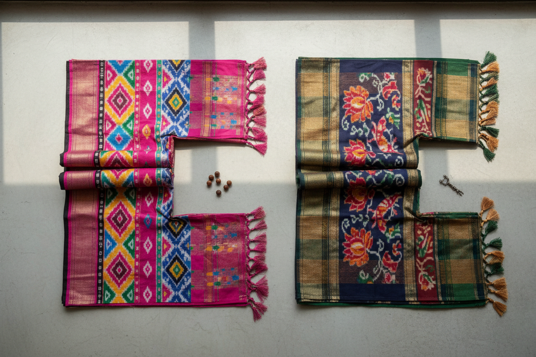 Pochampally geometric Ikat saree beside Odisha nature-motif Ikat, vibrant handloom comparison