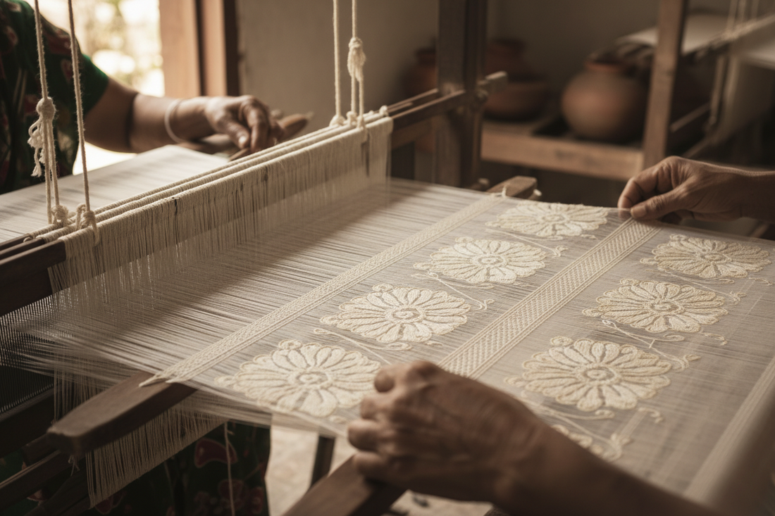 Two weavers' hands creating intricate Jamdani floating floral motifs on sheer muslin