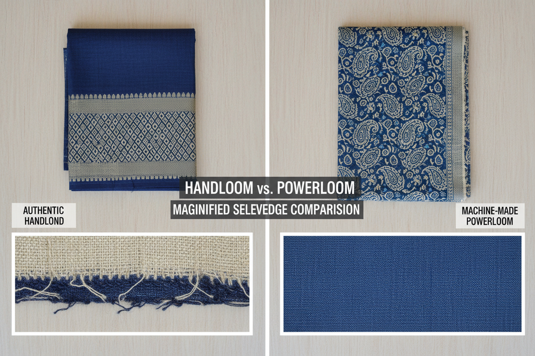 Close-up comparison of authentic handloom selvedge versus uniform powerloom saree edge