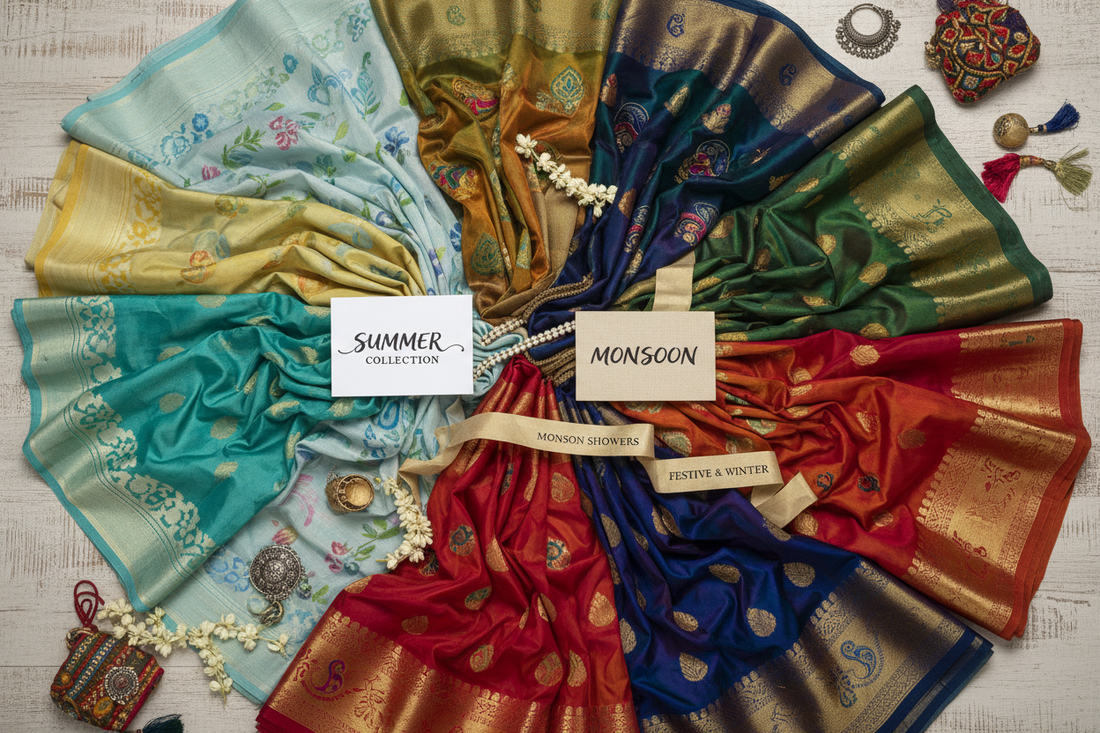 Curated flat lay of Indian handloom sarees in silk, cotton, Kota and Chanderi fabrics