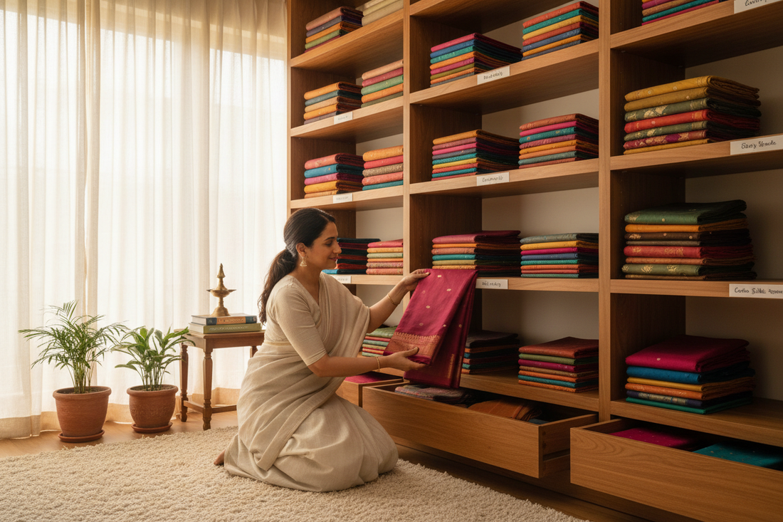 Elegant Indian woman arranging curated handloom saree wardrobe on wooden shelves at home