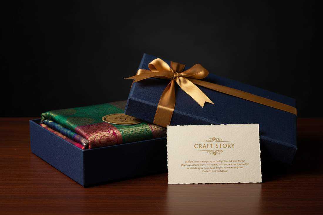 Luxurious handloom saree in premium gift box with craft story card and gold ribbon