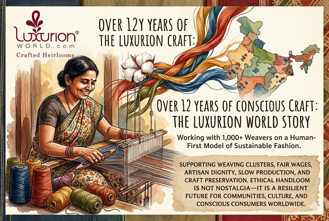 An illustration of an Indian weaver creating textiles on a traditional loom.